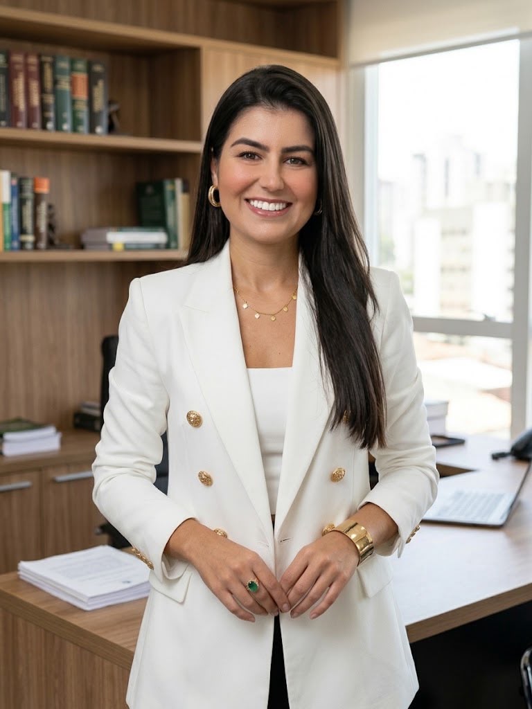 Caroline Patricia Jaroseski Corrêa, advogada, de blazer branco em seu ambiente profissional